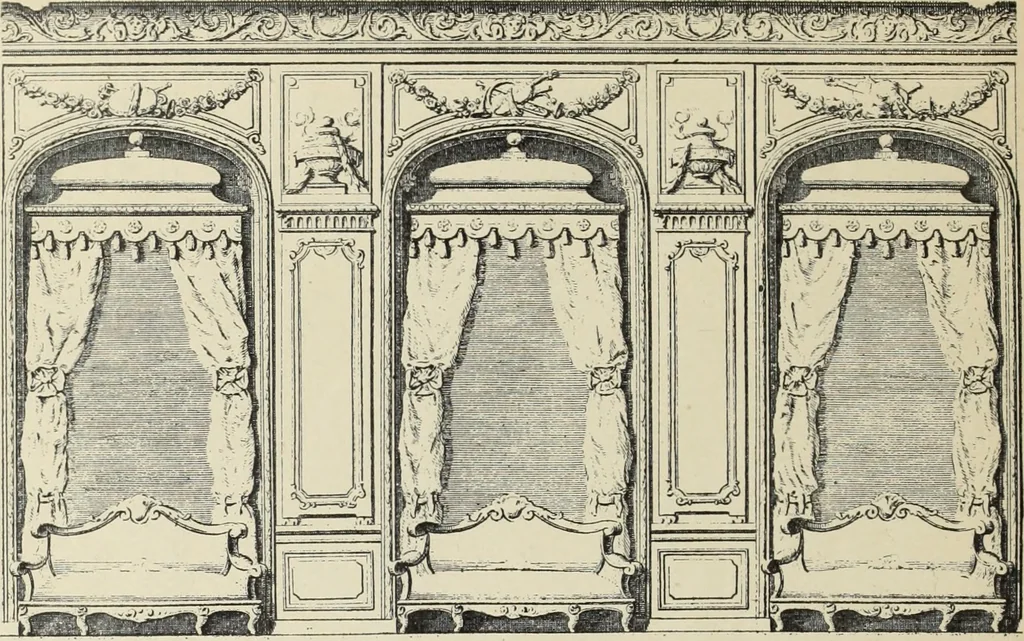 An illustration from Architecture, décoration et ameublement pendant le dix-huitième siècle, Régence - Louis XV. Symétrie et asymétrie proportions légères et courbes capricieuses, 1900, leaf 203