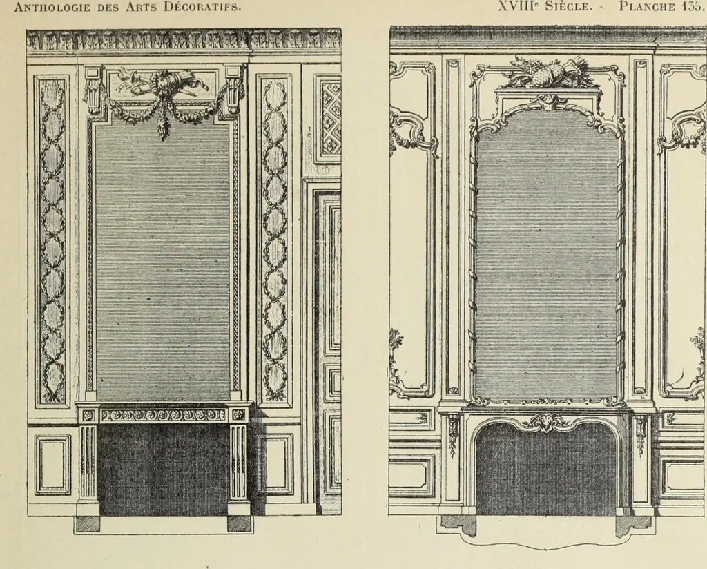 An illustration from Architecture, décoration et ameublement pendant le dix-huitième siècle, Régence - Louis XV. Symétrie et asymétrie proportions légères et courbes capricieuses, 1900, leaf 204