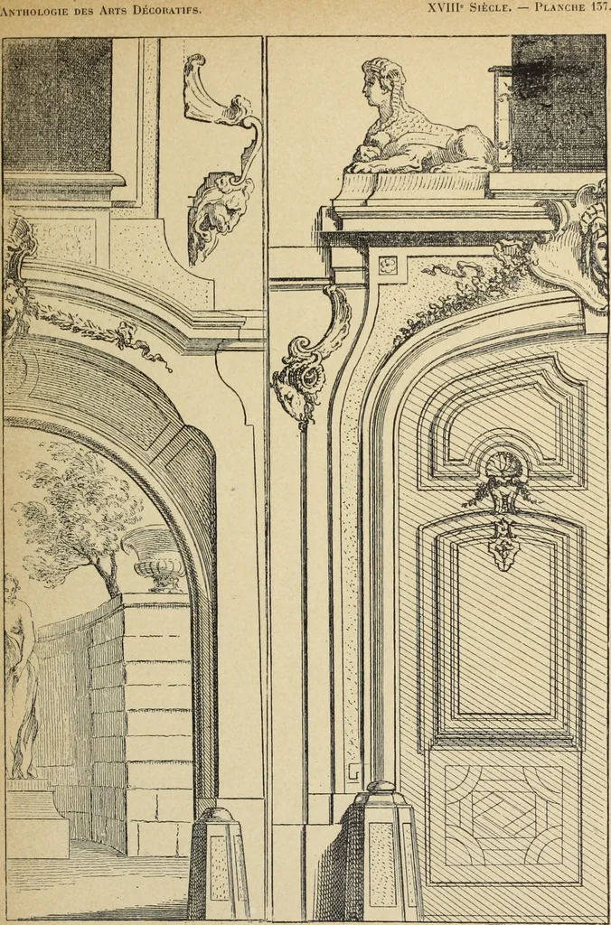An illustration from Architecture, décoration et ameublement pendant le dix-huitième siècle, Régence - Louis XV. Symétrie et asymétrie proportions légères et courbes capricieuses, 1900, leaf 208