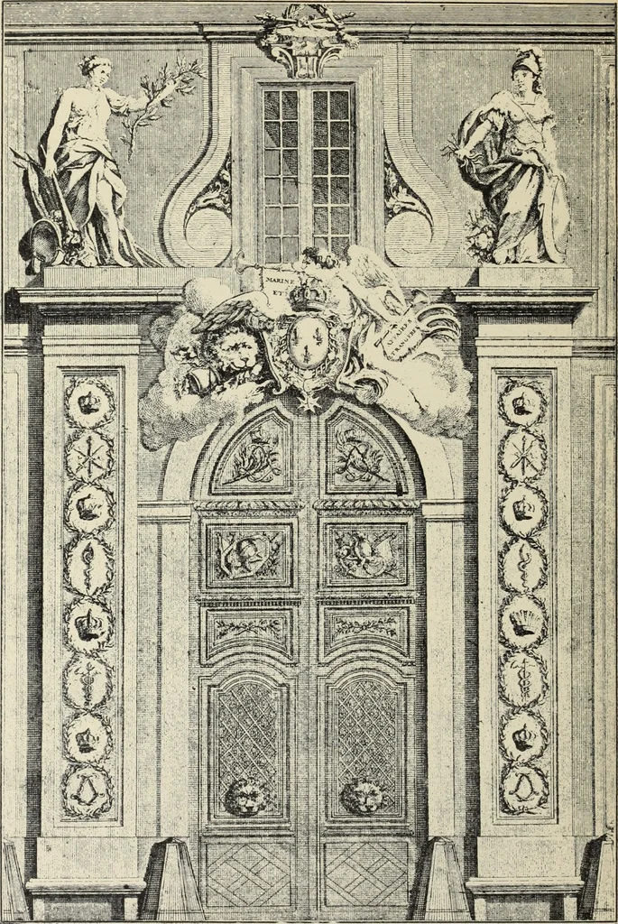 An illustration from Architecture, décoration et ameublement pendant le dix-huitième siècle, Régence - Louis XV. Symétrie et asymétrie proportions légères et courbes capricieuses, 1900, leaf 209
