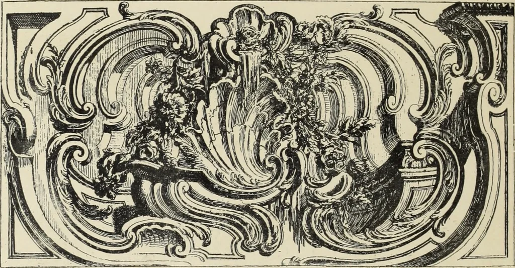 An illustration from Architecture, décoration et ameublement pendant le dix-huitième siècle, Régence - Louis XV. Symétrie et asymétrie proportions légères et courbes capricieuses, 1900, leaf 21