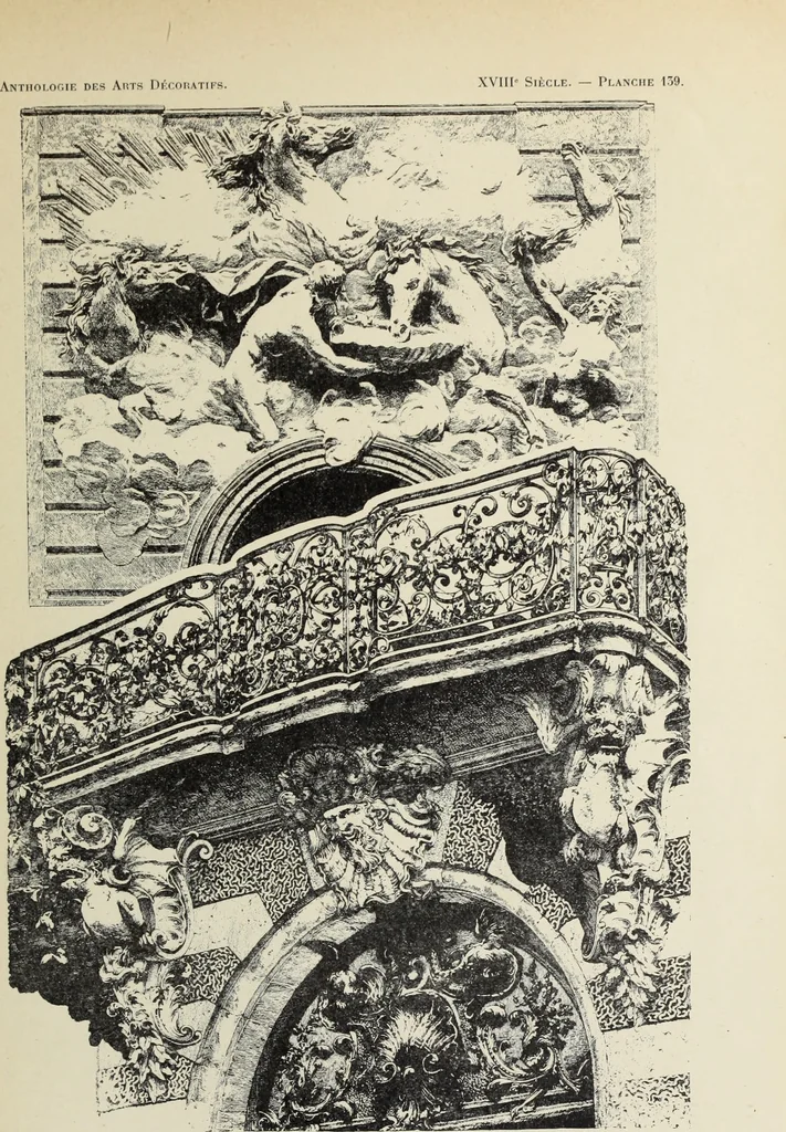 An illustration from Architecture, décoration et ameublement pendant le dix-huitième siècle, Régence - Louis XV. Symétrie et asymétrie proportions légères et courbes capricieuses, 1900, leaf 210