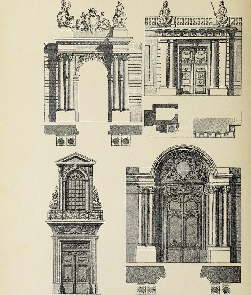 An illustration from Architecture, décoration et ameublement pendant le dix-huitième siècle, Régence - Louis XV. Symétrie et asymétrie proportions légères et courbes capricieuses, 1900, leaf 211