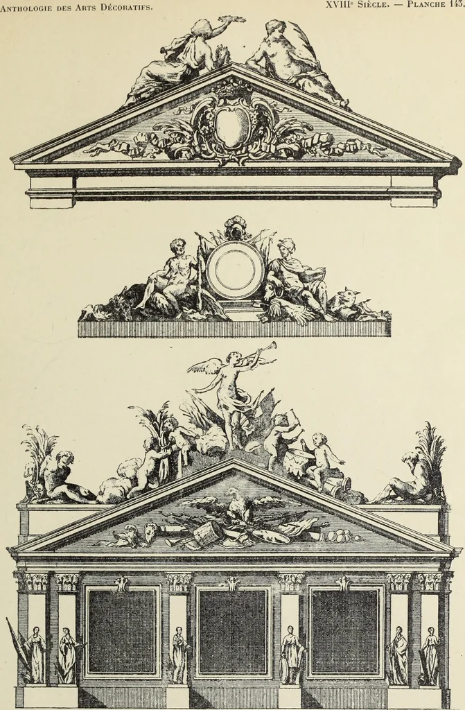 An illustration from Architecture, décoration et ameublement pendant le dix-huitième siècle, Régence - Louis XV. Symétrie et asymétrie proportions légères et courbes capricieuses, 1900, leaf 214