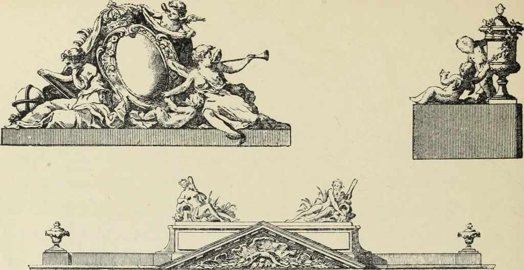 An illustration from Architecture, décoration et ameublement pendant le dix-huitième siècle, Régence - Louis XV. Symétrie et asymétrie proportions légères et courbes capricieuses, 1900, leaf 215