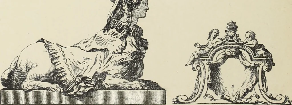 An illustration from Architecture, décoration et ameublement pendant le dix-huitième siècle, Régence - Louis XV. Symétrie et asymétrie proportions légères et courbes capricieuses, 1900, leaf 215