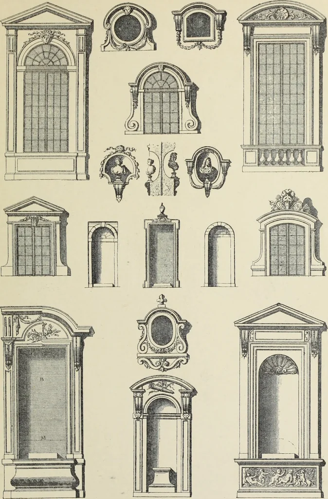 An illustration from Architecture, décoration et ameublement pendant le dix-huitième siècle, Régence - Louis XV. Symétrie et asymétrie proportions légères et courbes capricieuses, 1900, leaf 216