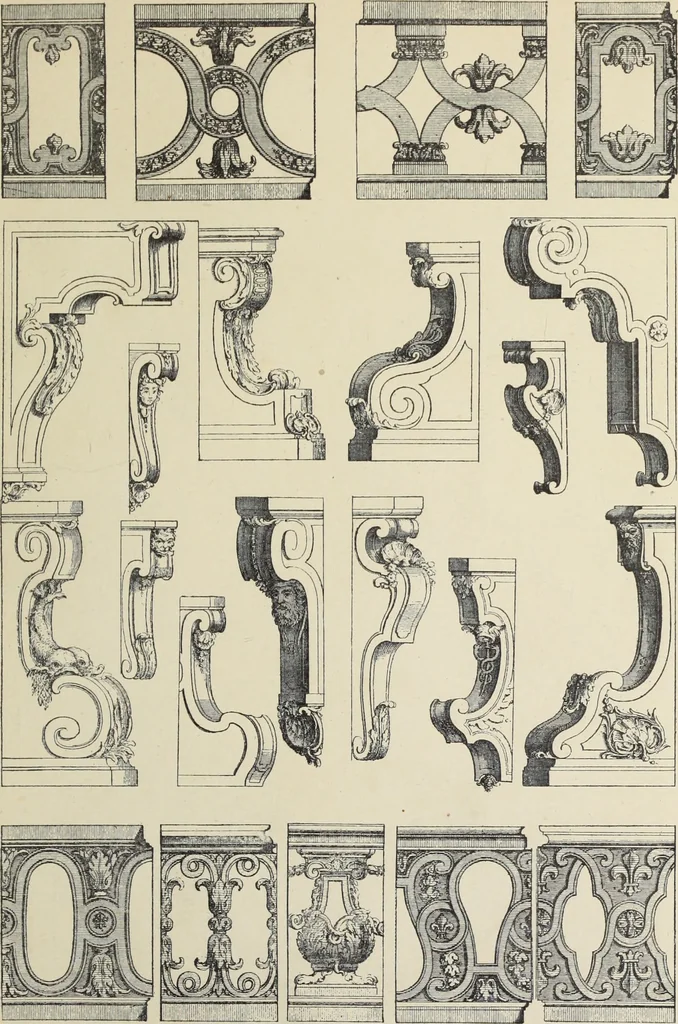 An illustration from Architecture, décoration et ameublement pendant le dix-huitième siècle, Régence - Louis XV. Symétrie et asymétrie proportions légères et courbes capricieuses, 1900, leaf 218