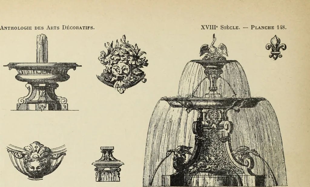 An illustration from Architecture, décoration et ameublement pendant le dix-huitième siècle, Régence - Louis XV. Symétrie et asymétrie proportions légères et courbes capricieuses, 1900, leaf 219