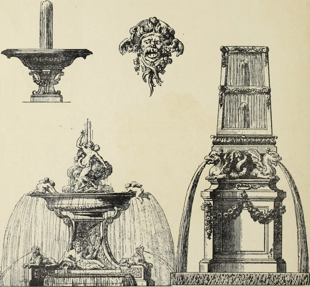 An illustration from Architecture, décoration et ameublement pendant le dix-huitième siècle, Régence - Louis XV. Symétrie et asymétrie proportions légères et courbes capricieuses, 1900, leaf 219