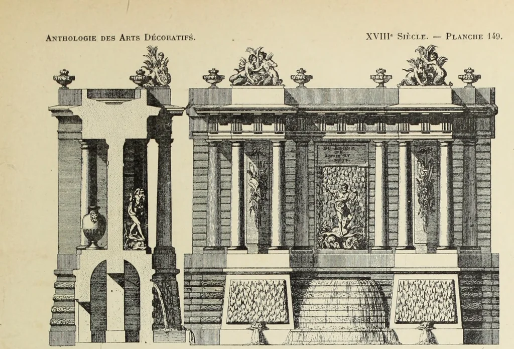 An illustration from Architecture, décoration et ameublement pendant le dix-huitième siècle, Régence - Louis XV. Symétrie et asymétrie proportions légères et courbes capricieuses, 1900, leaf 220