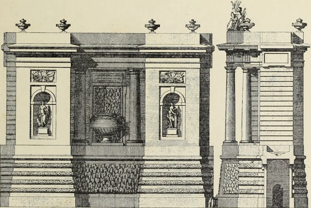 An illustration from Architecture, décoration et ameublement pendant le dix-huitième siècle, Régence - Louis XV. Symétrie et asymétrie proportions légères et courbes capricieuses, 1900, leaf 220