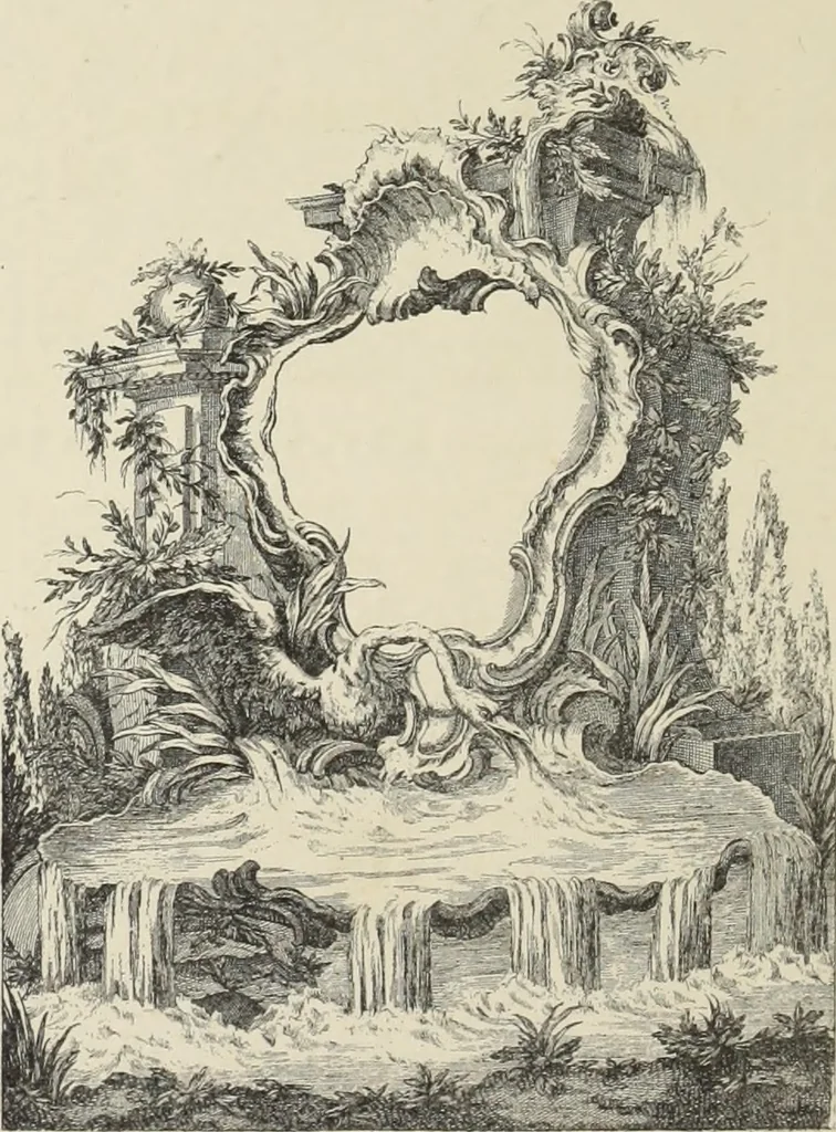 An illustration from Architecture, décoration et ameublement pendant le dix-huitième siècle, Régence - Louis XV. Symétrie et asymétrie proportions légères et courbes capricieuses, 1900, leaf 23