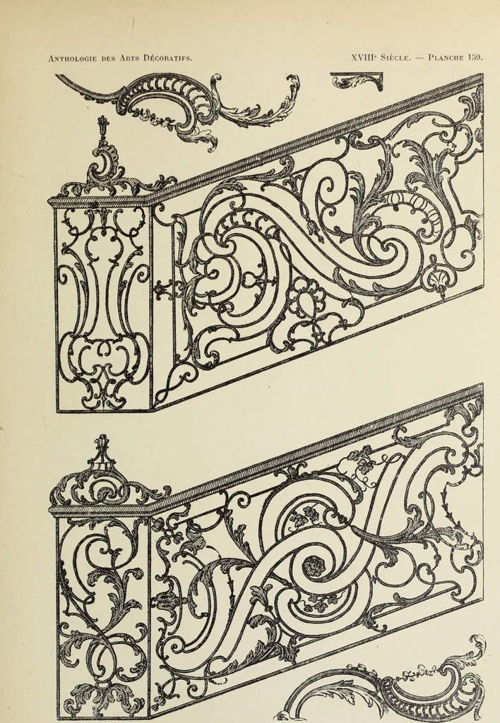 An illustration from Architecture, décoration et ameublement pendant le dix-huitième siècle, Régence - Louis XV. Symétrie et asymétrie proportions légères et courbes capricieuses, 1900, leaf 232