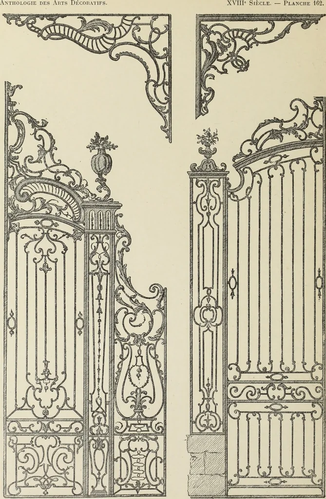 An illustration from Architecture, décoration et ameublement pendant le dix-huitième siècle, Régence - Louis XV. Symétrie et asymétrie proportions légères et courbes capricieuses, 1900, leaf 235