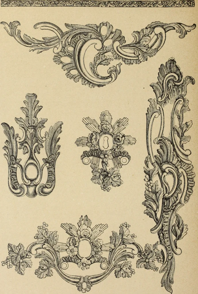 An illustration from Architecture, décoration et ameublement pendant le dix-huitième siècle, Régence - Louis XV. Symétrie et asymétrie proportions légères et courbes capricieuses, 1900, leaf 239