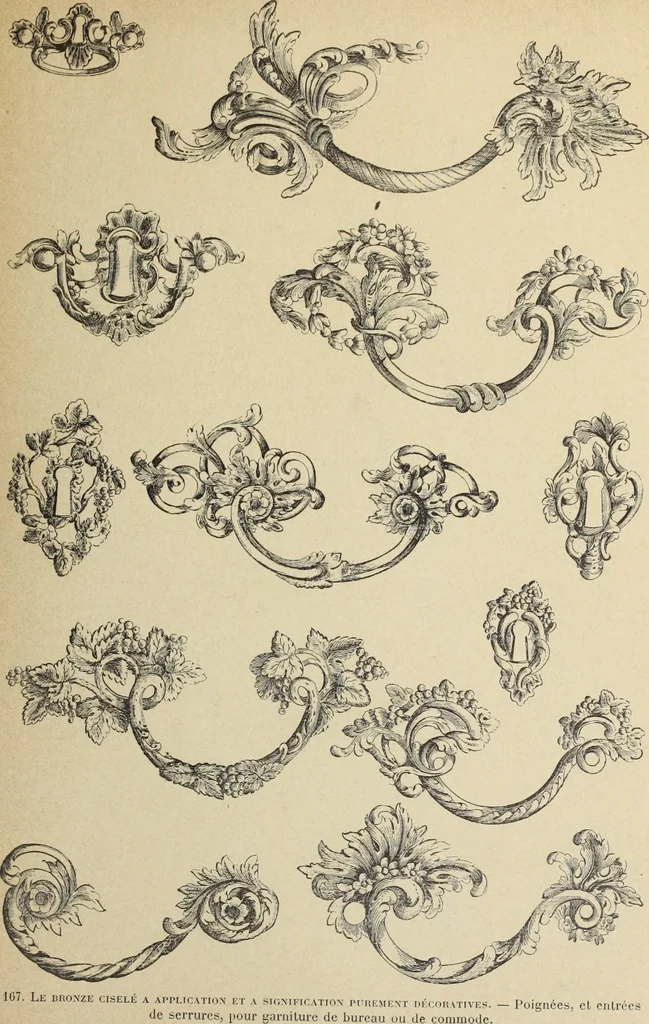 An illustration from Architecture, décoration et ameublement pendant le dix-huitième siècle, Régence - Louis XV. Symétrie et asymétrie proportions légères et courbes capricieuses, 1900, leaf 242