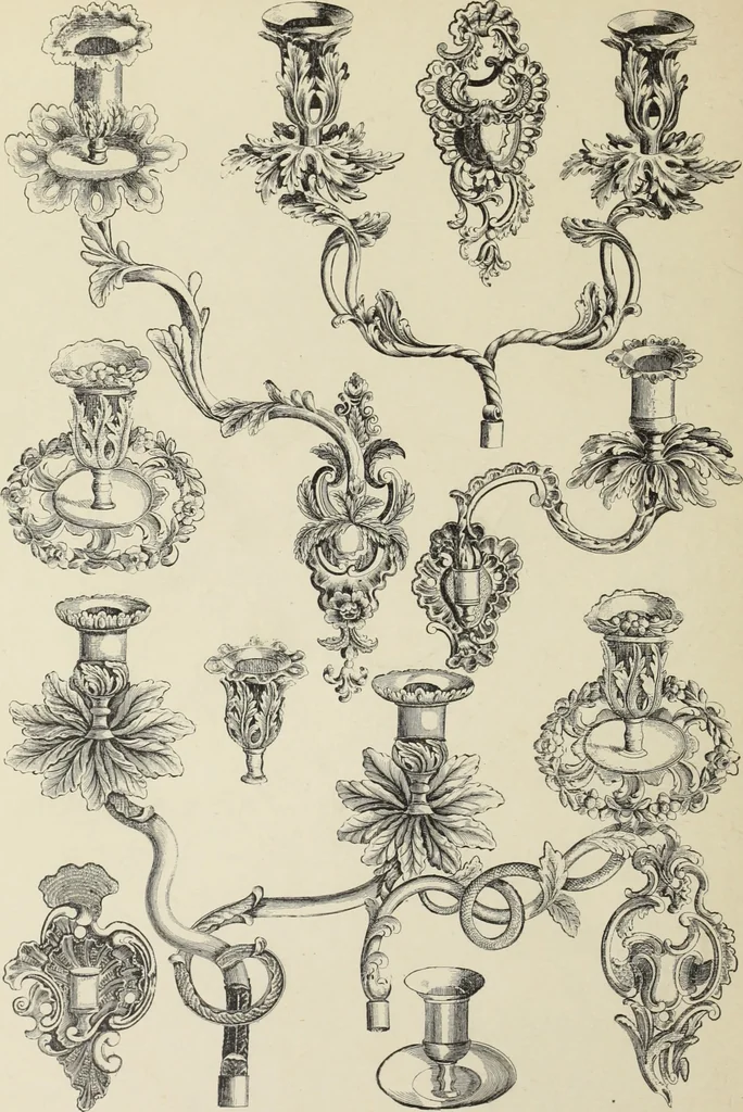 An illustration from Architecture, décoration et ameublement pendant le dix-huitième siècle, Régence - Louis XV. Symétrie et asymétrie proportions légères et courbes capricieuses, 1900, leaf 243