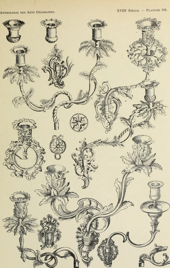 An illustration from Architecture, décoration et ameublement pendant le dix-huitième siècle, Régence - Louis XV. Symétrie et asymétrie proportions légères et courbes capricieuses, 1900, leaf 244