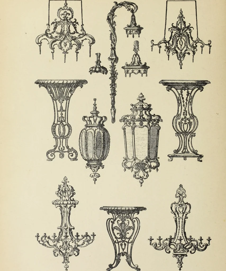 An illustration from Architecture, décoration et ameublement pendant le dix-huitième siècle, Régence - Louis XV. Symétrie et asymétrie proportions légères et courbes capricieuses, 1900, leaf 245