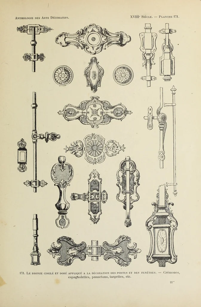 An illustration from Architecture, décoration et ameublement pendant le dix-huitième siècle, Régence - Louis XV. Symétrie et asymétrie proportions légères et courbes capricieuses, 1900, leaf 246