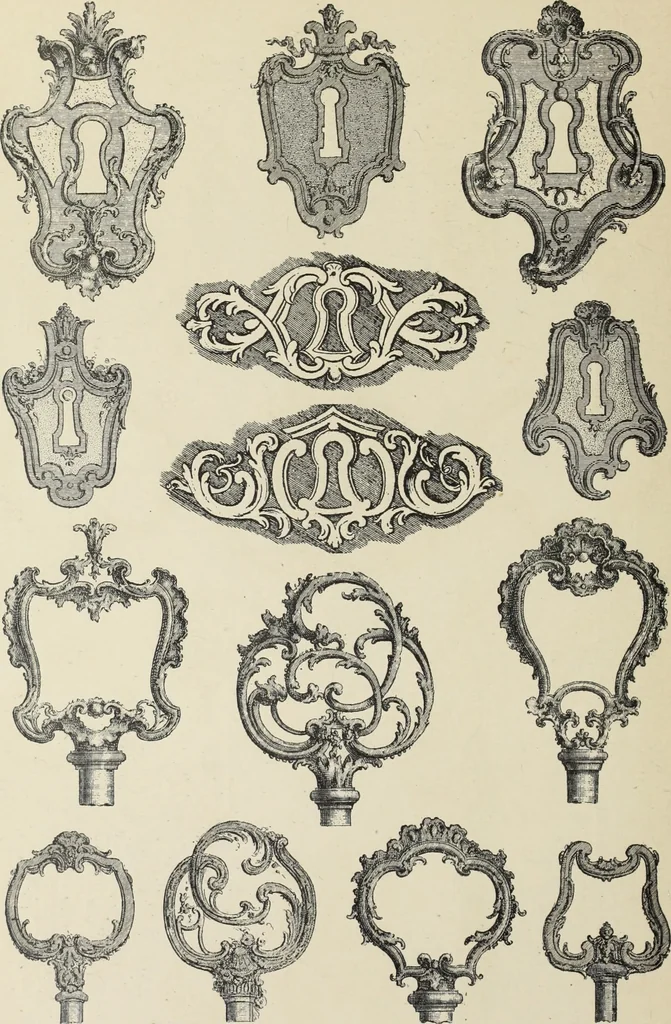 An illustration from Architecture, décoration et ameublement pendant le dix-huitième siècle, Régence - Louis XV. Symétrie et asymétrie proportions légères et courbes capricieuses, 1900, leaf 247