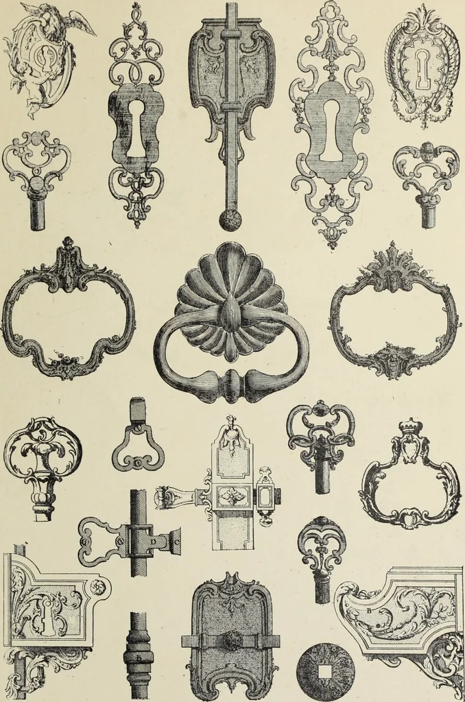 An illustration from Architecture, décoration et ameublement pendant le dix-huitième siècle, Régence - Louis XV. Symétrie et asymétrie proportions légères et courbes capricieuses, 1900, leaf 248