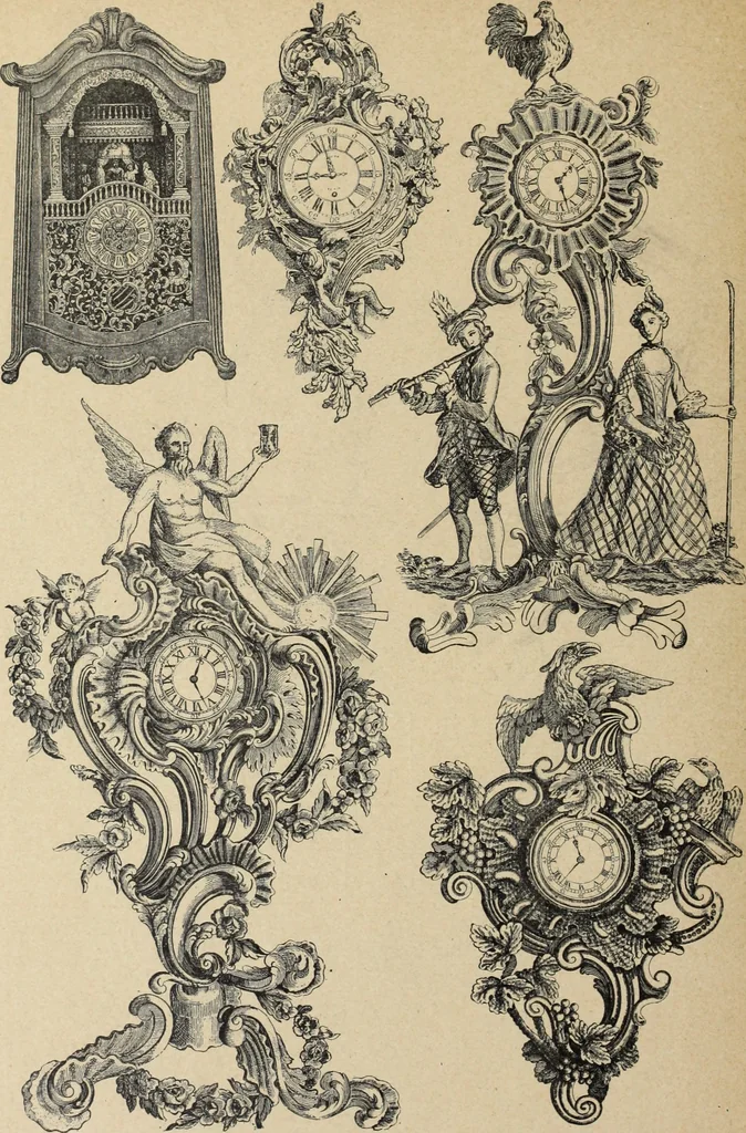An illustration from Architecture, décoration et ameublement pendant le dix-huitième siècle, Régence - Louis XV. Symétrie et asymétrie proportions légères et courbes capricieuses, 1900, leaf 249