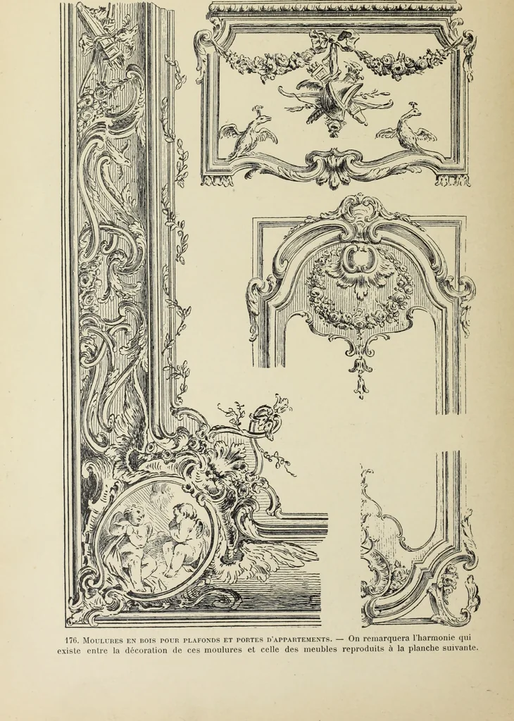 An illustration from Architecture, décoration et ameublement pendant le dix-huitième siècle, Régence - Louis XV. Symétrie et asymétrie proportions légères et courbes capricieuses, 1900, leaf 253