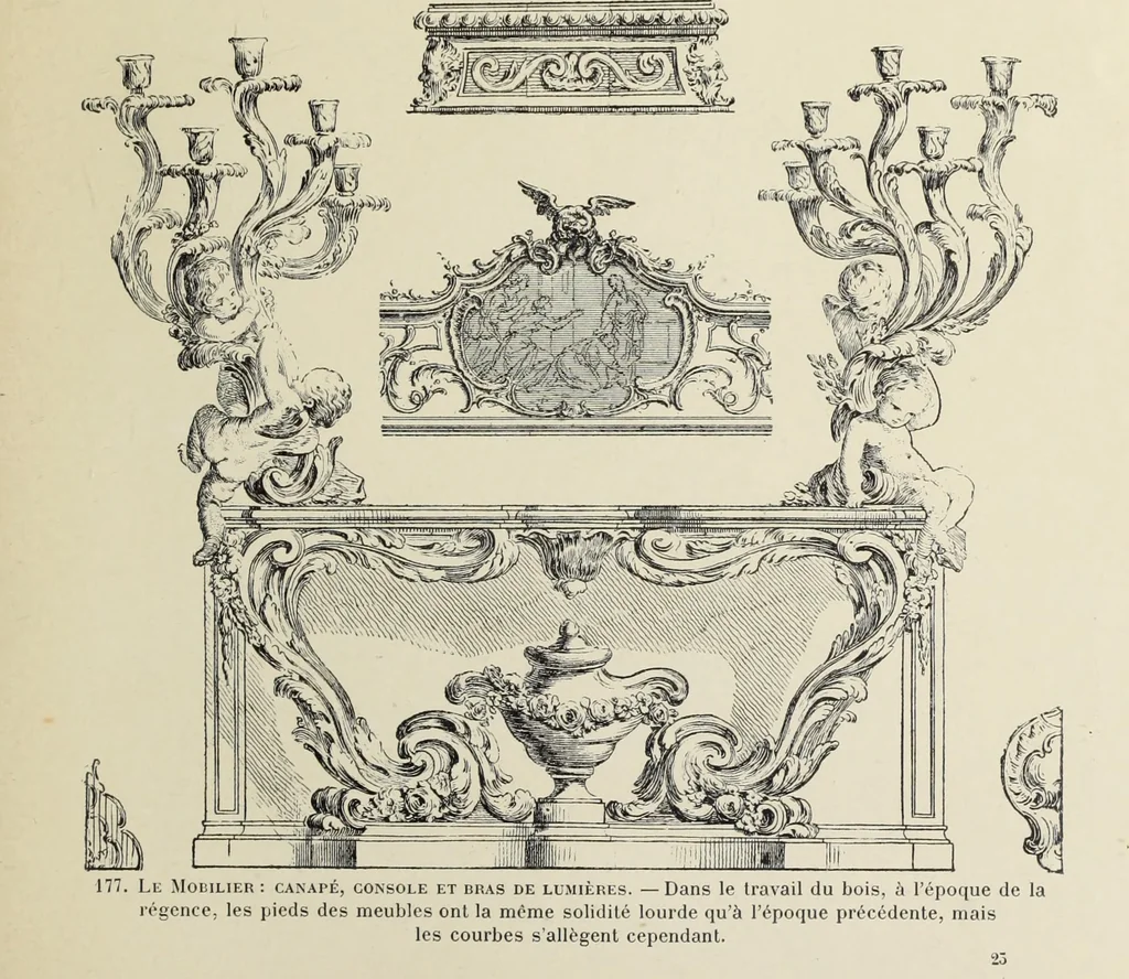An illustration from Architecture, décoration et ameublement pendant le dix-huitième siècle, Régence - Louis XV. Symétrie et asymétrie proportions légères et courbes capricieuses, 1900, leaf 254