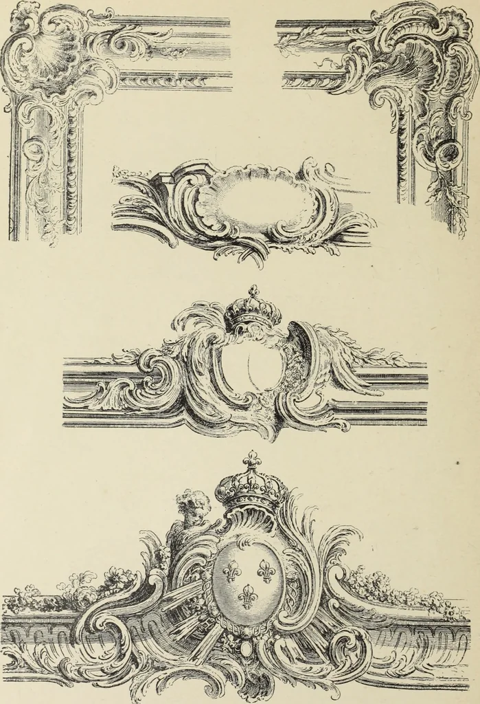 An illustration from Architecture, décoration et ameublement pendant le dix-huitième siècle, Régence - Louis XV. Symétrie et asymétrie proportions légères et courbes capricieuses, 1900, leaf 255