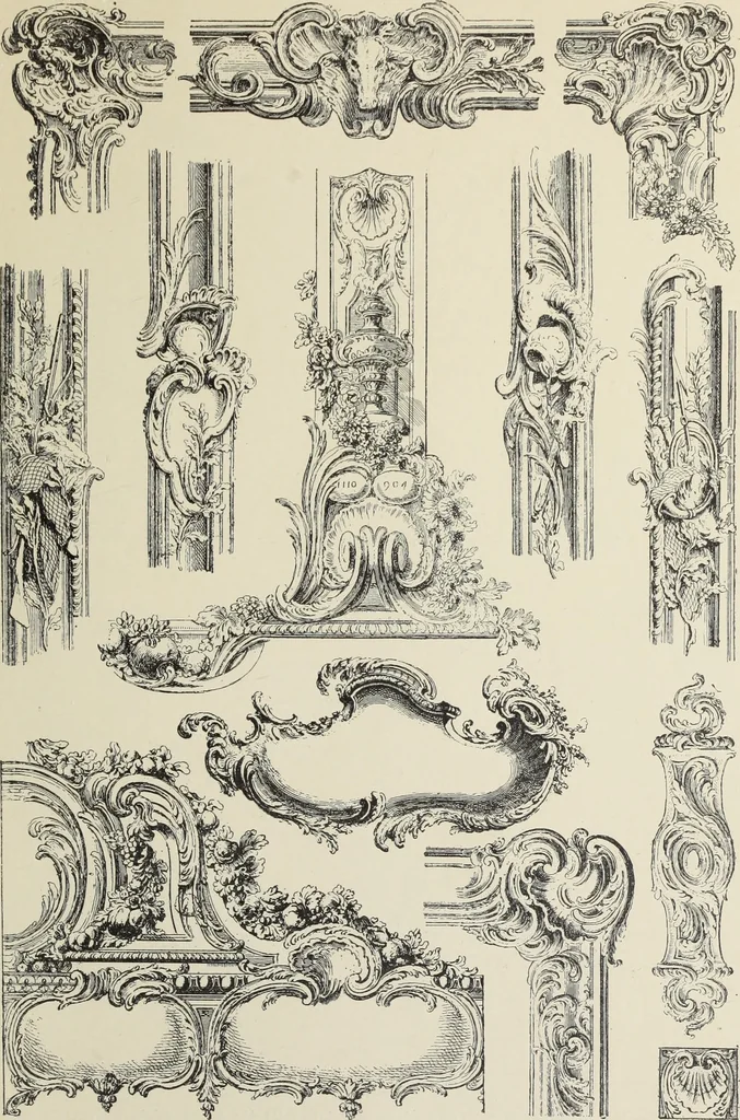 An illustration from Architecture, décoration et ameublement pendant le dix-huitième siècle, Régence - Louis XV. Symétrie et asymétrie proportions légères et courbes capricieuses, 1900, leaf 256