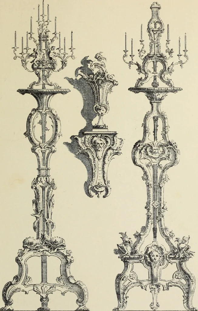 An illustration from Architecture, décoration et ameublement pendant le dix-huitième siècle, Régence - Louis XV. Symétrie et asymétrie proportions légères et courbes capricieuses, 1900, leaf 258