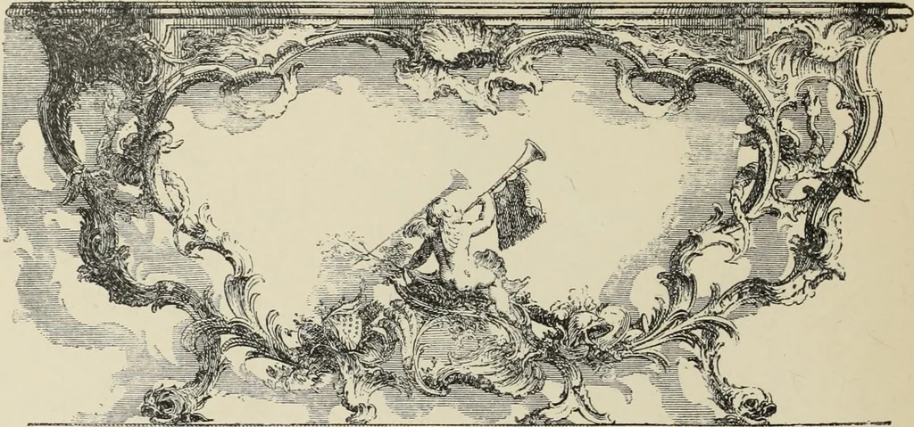 An illustration from Architecture, décoration et ameublement pendant le dix-huitième siècle, Régence - Louis XV. Symétrie et asymétrie proportions légères et courbes capricieuses, 1900, leaf 259