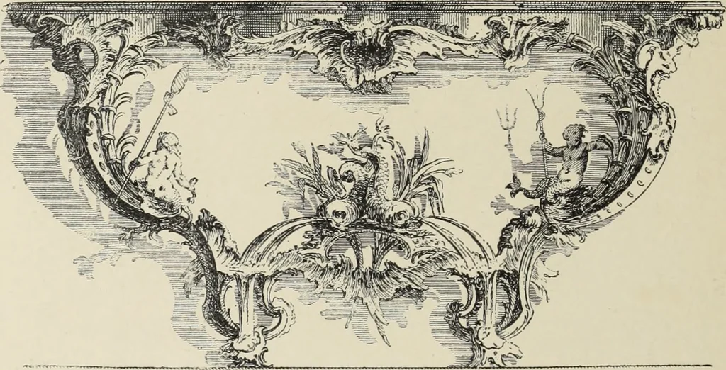 An illustration from Architecture, décoration et ameublement pendant le dix-huitième siècle, Régence - Louis XV. Symétrie et asymétrie proportions légères et courbes capricieuses, 1900, leaf 259