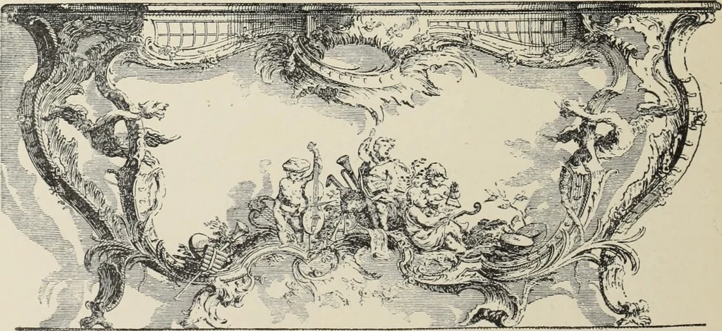 An illustration from Architecture, décoration et ameublement pendant le dix-huitième siècle, Régence - Louis XV. Symétrie et asymétrie proportions légères et courbes capricieuses, 1900, leaf 259
