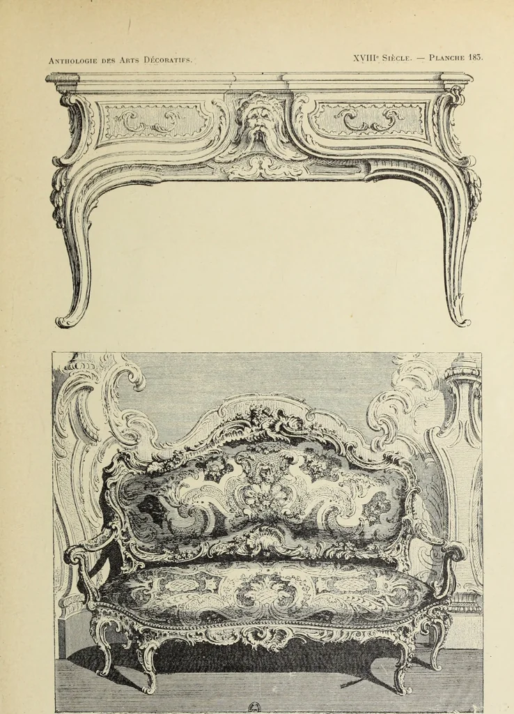 An illustration from Architecture, décoration et ameublement pendant le dix-huitième siècle, Régence - Louis XV. Symétrie et asymétrie proportions légères et courbes capricieuses, 1900, leaf 260