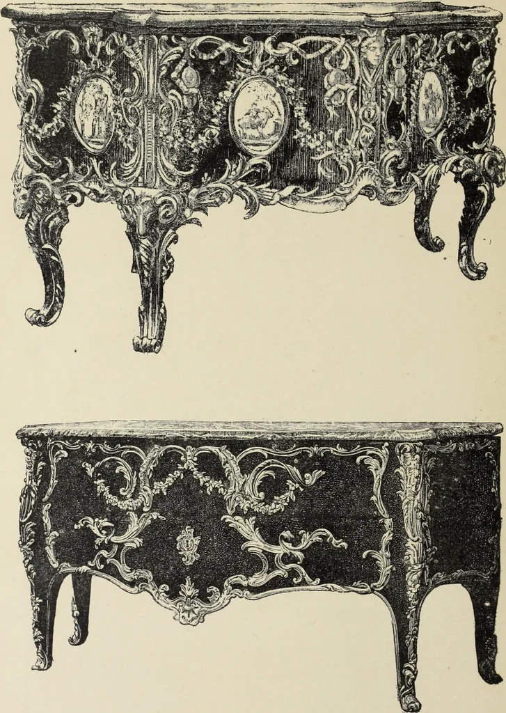 An illustration from Architecture, décoration et ameublement pendant le dix-huitième siècle, Régence - Louis XV. Symétrie et asymétrie proportions légères et courbes capricieuses, 1900, leaf 261