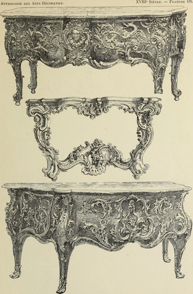 An illustration from Architecture, décoration et ameublement pendant le dix-huitième siècle, Régence - Louis XV. Symétrie et asymétrie proportions légères et courbes capricieuses, 1900, leaf 262