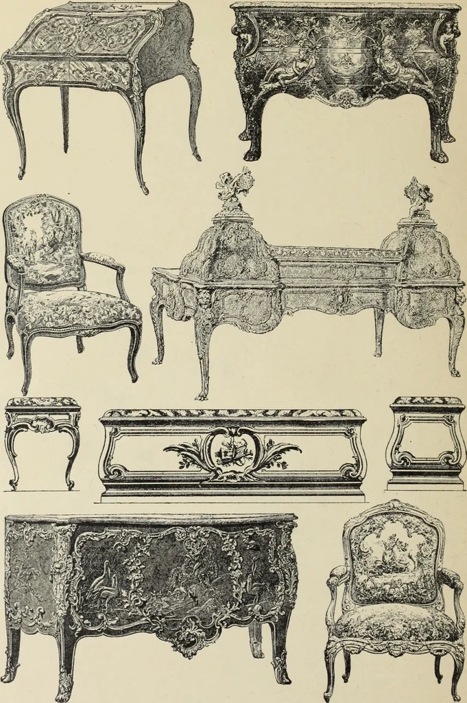 An illustration from Architecture, décoration et ameublement pendant le dix-huitième siècle, Régence - Louis XV. Symétrie et asymétrie proportions légères et courbes capricieuses, 1900, leaf 263