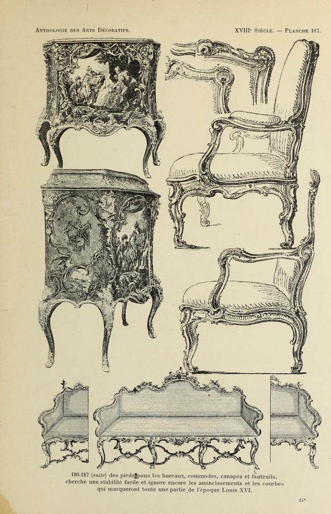 An illustration from Architecture, décoration et ameublement pendant le dix-huitième siècle, Régence - Louis XV. Symétrie et asymétrie proportions légères et courbes capricieuses, 1900, leaf 264