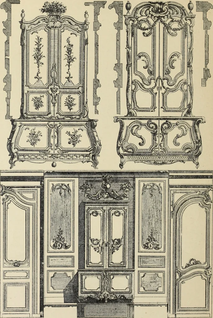 An illustration from Architecture, décoration et ameublement pendant le dix-huitième siècle, Régence - Louis XV. Symétrie et asymétrie proportions légères et courbes capricieuses, 1900, leaf 265