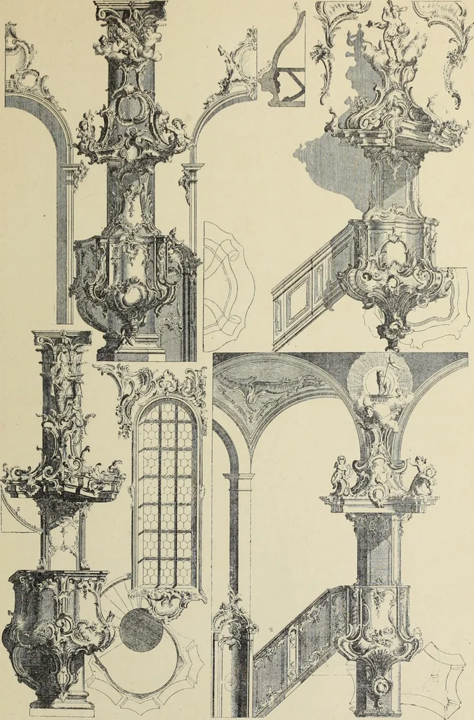 An illustration from Architecture, décoration et ameublement pendant le dix-huitième siècle, Régence - Louis XV. Symétrie et asymétrie proportions légères et courbes capricieuses, 1900, leaf 266