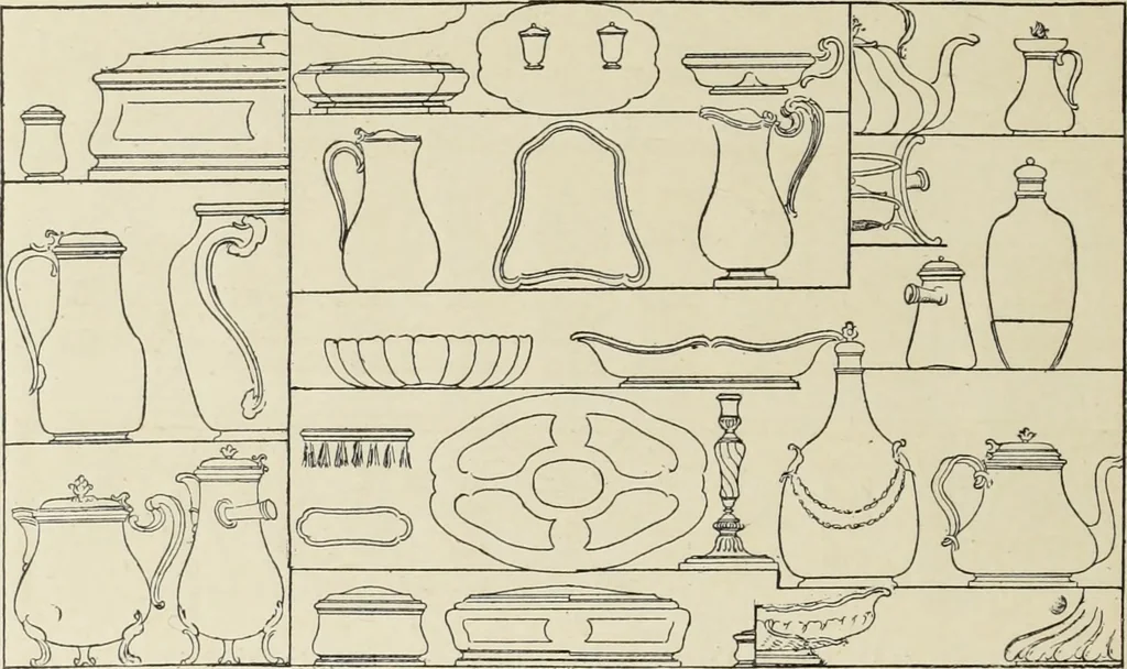 An illustration from Architecture, décoration et ameublement pendant le dix-huitième siècle, Régence - Louis XV. Symétrie et asymétrie proportions légères et courbes capricieuses, 1900, leaf 27