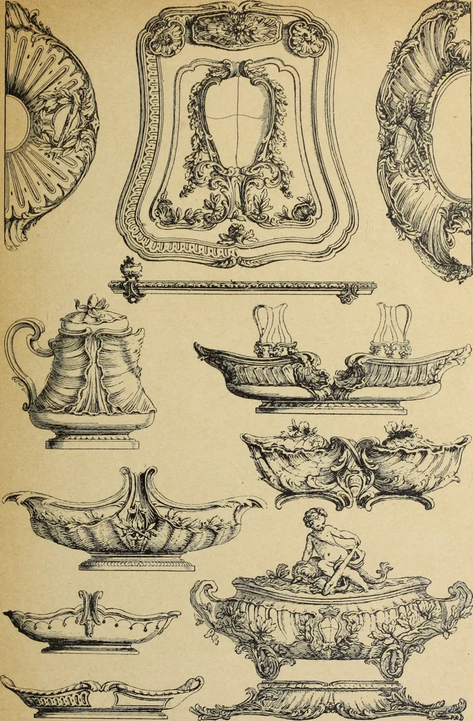 An illustration from Architecture, décoration et ameublement pendant le dix-huitième siècle, Régence - Louis XV. Symétrie et asymétrie proportions légères et courbes capricieuses, 1900, leaf 270