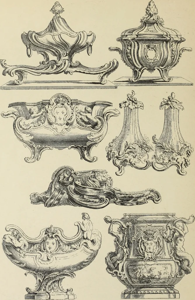 An illustration from Architecture, décoration et ameublement pendant le dix-huitième siècle, Régence - Louis XV. Symétrie et asymétrie proportions légères et courbes capricieuses, 1900, leaf 271