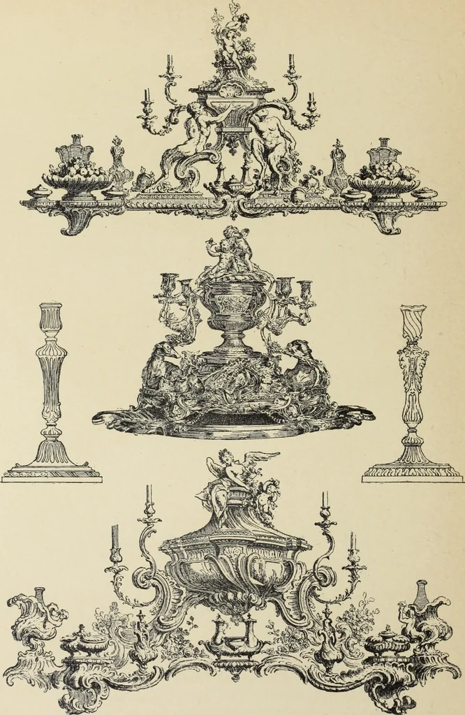 An illustration from Architecture, décoration et ameublement pendant le dix-huitième siècle, Régence - Louis XV. Symétrie et asymétrie proportions légères et courbes capricieuses, 1900, leaf 273