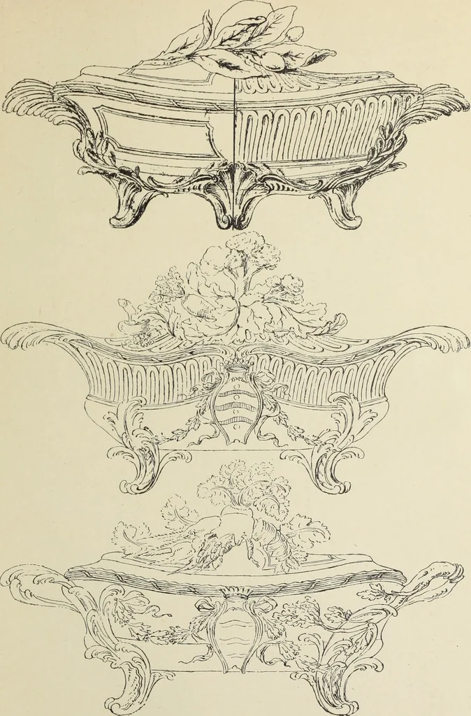 An illustration from Architecture, décoration et ameublement pendant le dix-huitième siècle, Régence - Louis XV. Symétrie et asymétrie proportions légères et courbes capricieuses, 1900, leaf 276
