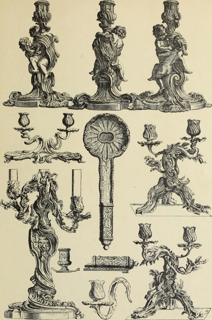 An illustration from Architecture, décoration et ameublement pendant le dix-huitième siècle, Régence - Louis XV. Symétrie et asymétrie proportions légères et courbes capricieuses, 1900, leaf 278