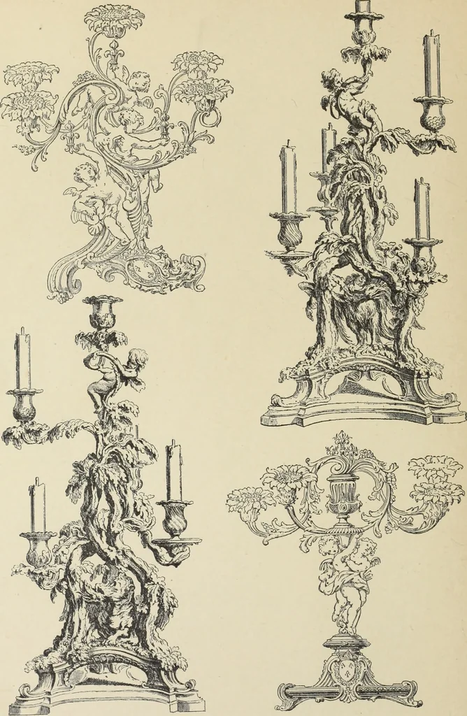 An illustration from Architecture, décoration et ameublement pendant le dix-huitième siècle, Régence - Louis XV. Symétrie et asymétrie proportions légères et courbes capricieuses, 1900, leaf 279
